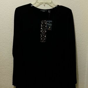 NWOT Susan Graver Artisan Liquid Knit Black Top Overlay Jewel Embellished Small